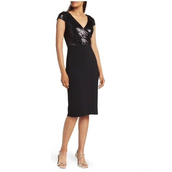 Dress the Population Sequin Surplice Cap Sleeve Sheath Black Dress Size XS NWT. - Picture 1 of 11